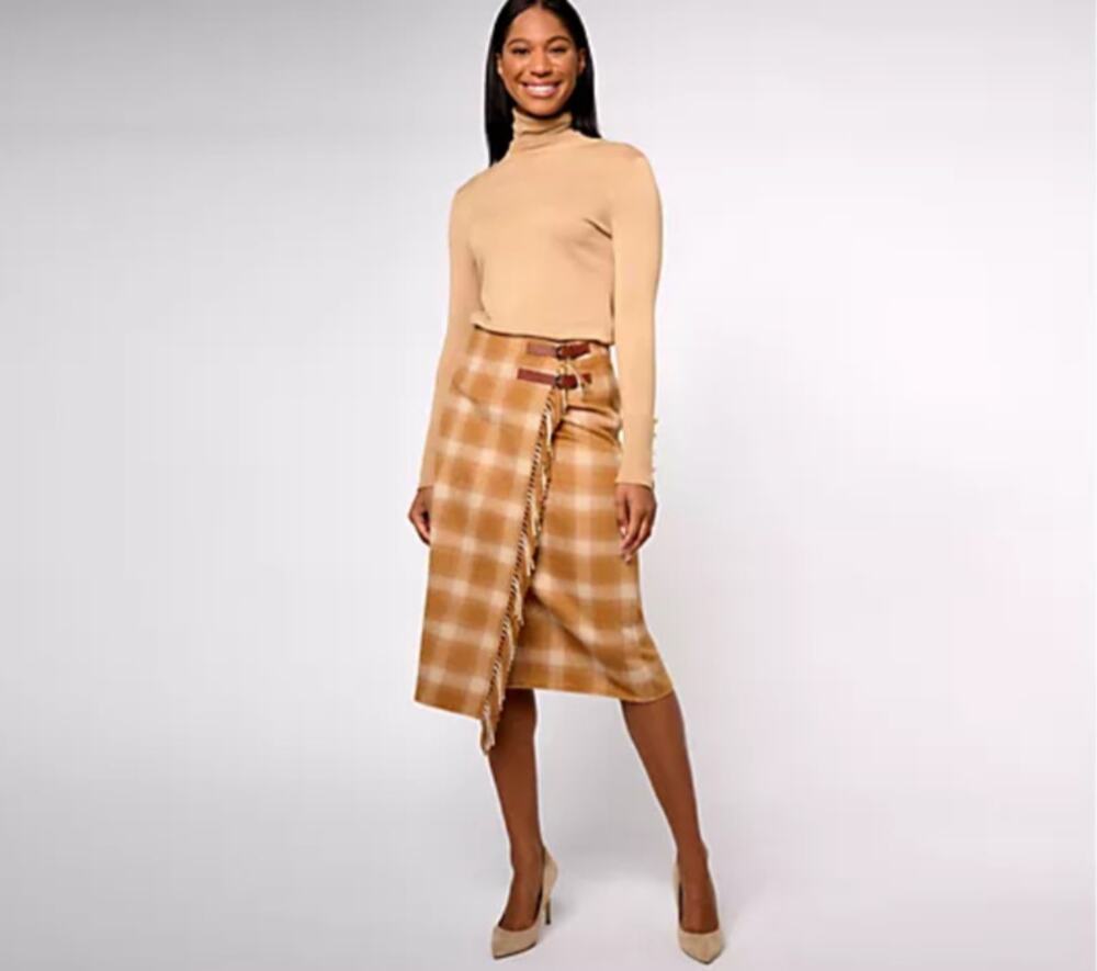 Denim & Co. Heritage Women's Medium Rich Rust Plaid Fringe Blanket Skirt T4-6